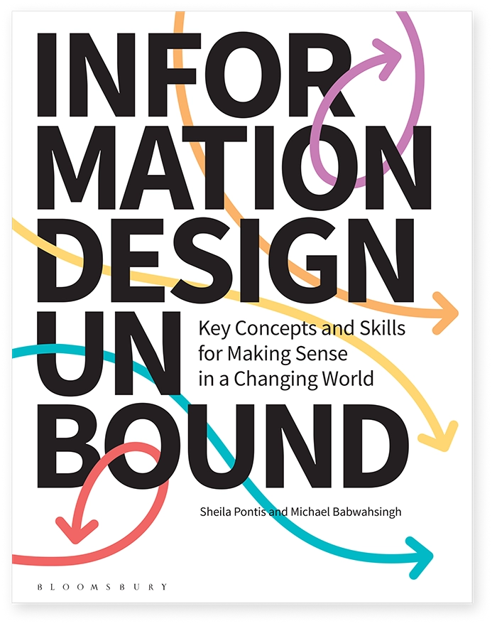 Cover of Information Design Unbound with colorful arrow design.