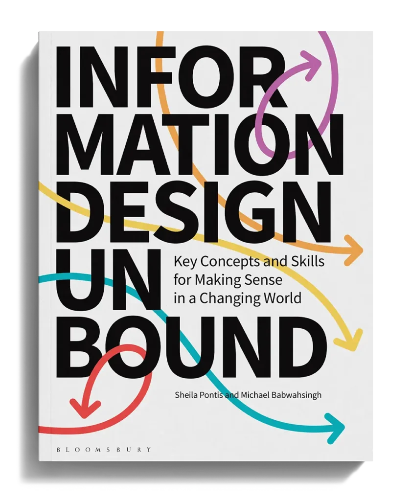 Cover of Information Design Unbound with colorful arrows swirling around text
