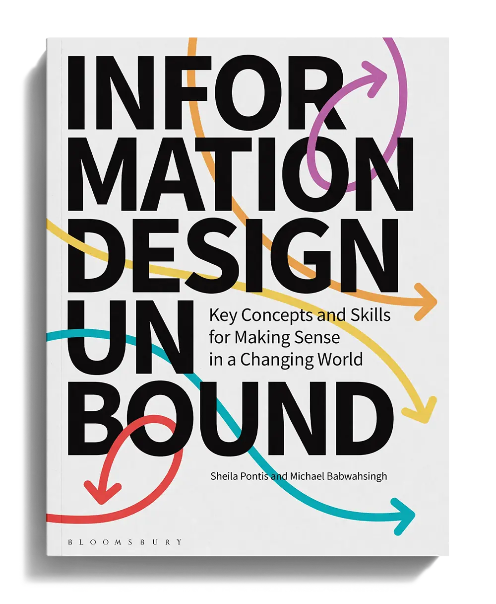Cover of Information Design Unbound with colorful arrows swirling around text